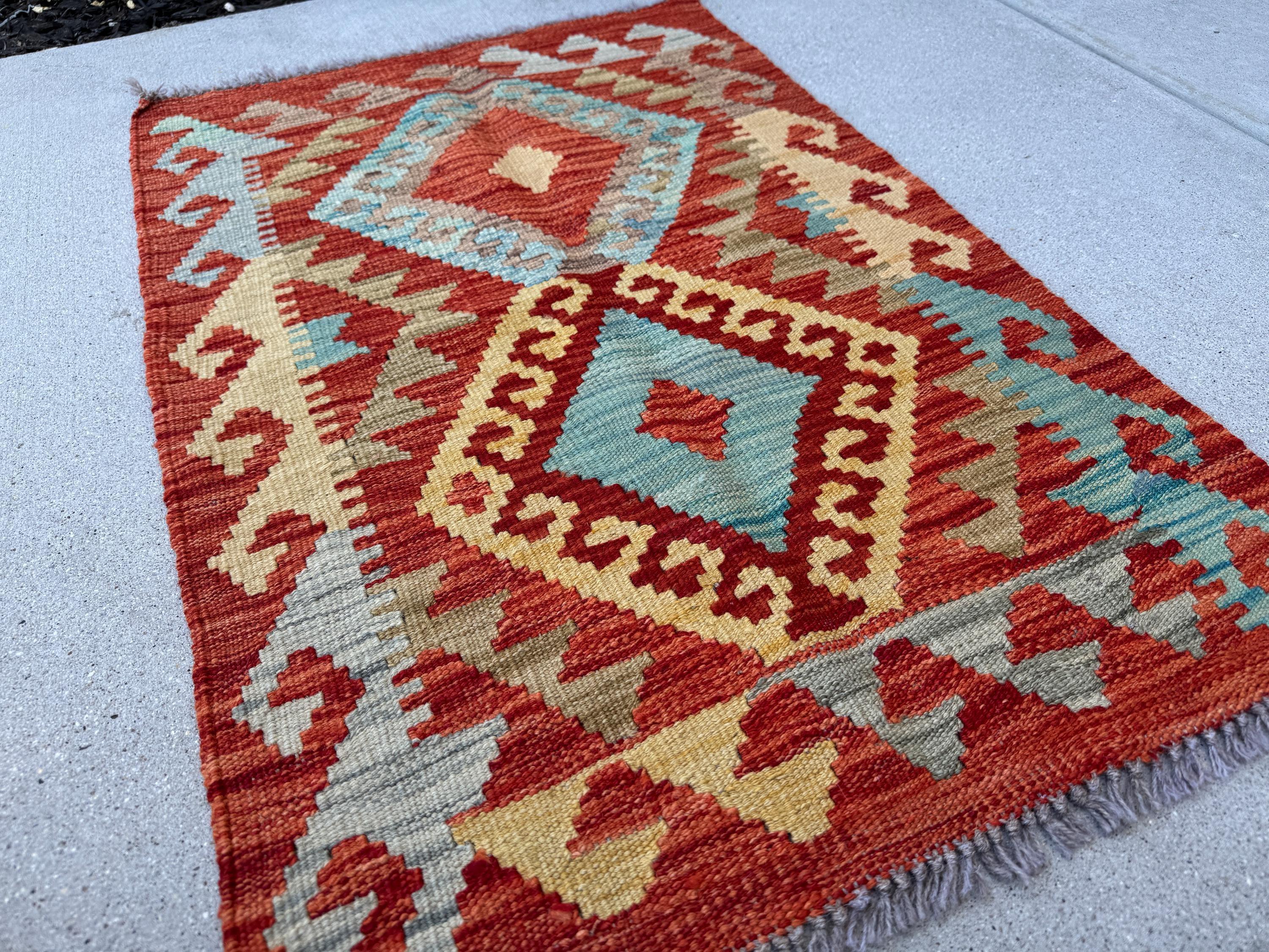 2x3 (61x91) Handmade Afghan Kilim Rug | Burnt Peach Orange Yellow Saffron Denim Baby Aqua Blue Grey Beige Teal Blood Scarlet Red | Wool