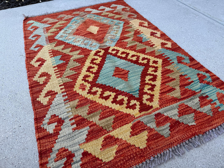 2x3 (61x91) Handmade Afghan Kilim Rug | Burnt Peach Orange Yellow Saffron Denim Baby Aqua Blue Grey Beige Teal Blood Scarlet Red | Wool