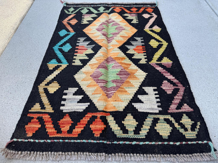 2x3 (61x91) Handmade Afghan Kilim Rug | Black Burnt Peach Saffron Orange Sage Light Green Maroon Burgundy Powder Denim Blue Purple | Wool