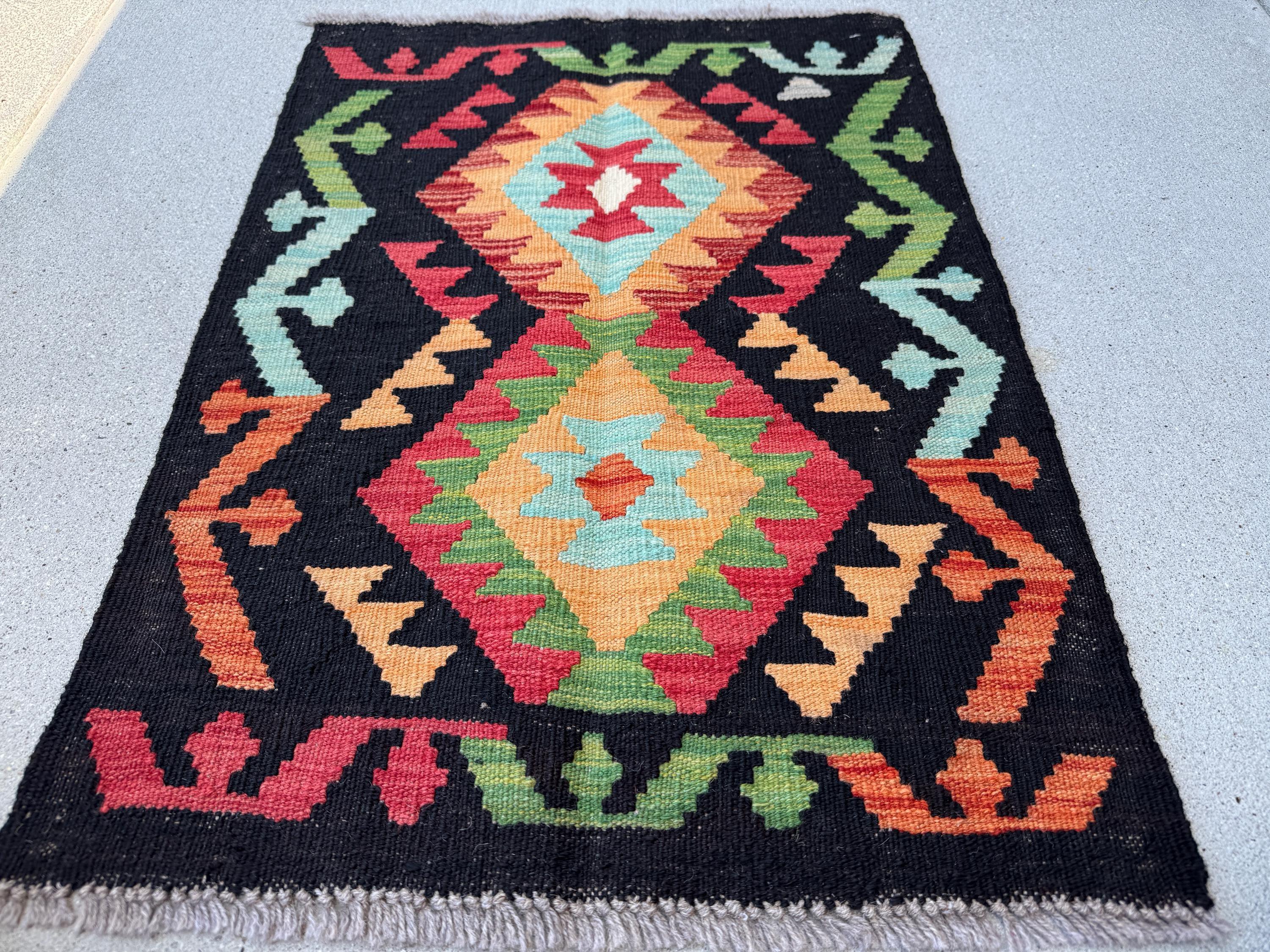 2x3 (61x91) Handmade Afghan Kilim Rug | Black Baby Sky Powder Blue Forest Moss Green Peach Saffron Burnt Orange Crimson Rose Red | Wool