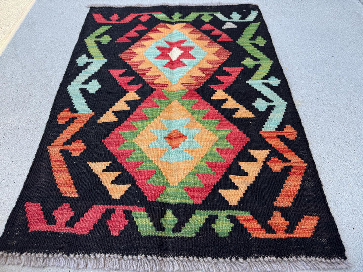 2x3 (61x91) Handmade Afghan Kilim Rug | Black Baby Sky Powder Blue Forest Moss Green Peach Saffron Burnt Orange Crimson Rose Red | Wool