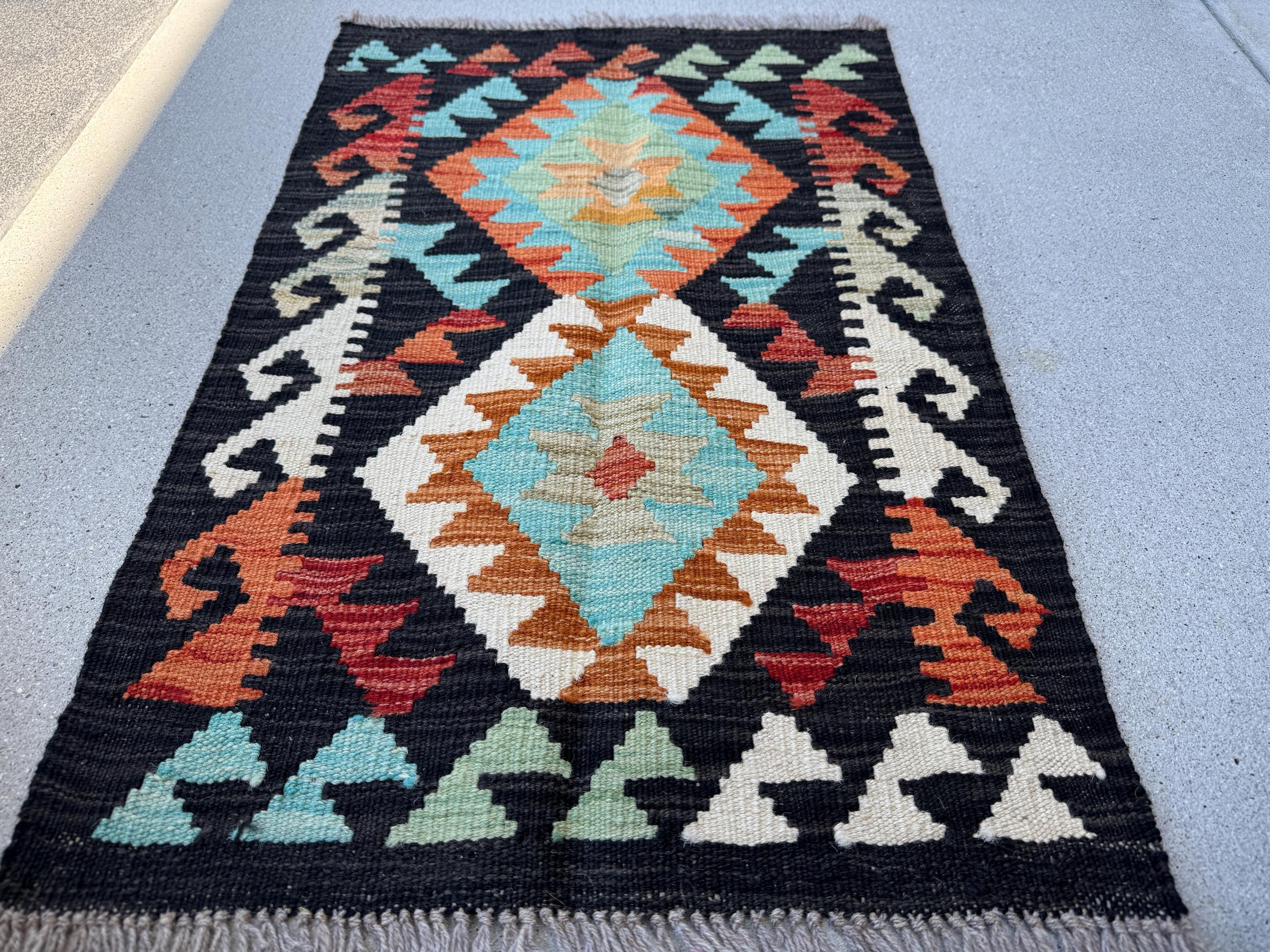 2x3 (61x91) Handmade Afghan Kilim Rug | Black Terracotta Rust Orange Crimson Red Aqua Sky Blue Cream White Mint Olive Green | Wool Flatwoven