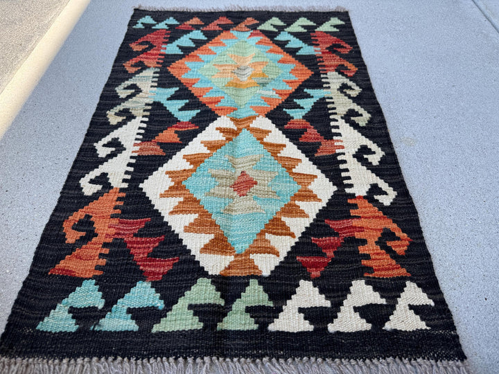 2x3 (61x91) Handmade Afghan Kilim Rug | Black Terracotta Rust Orange Crimson Red Aqua Sky Blue Cream White Mint Olive Green | Wool Flatwoven