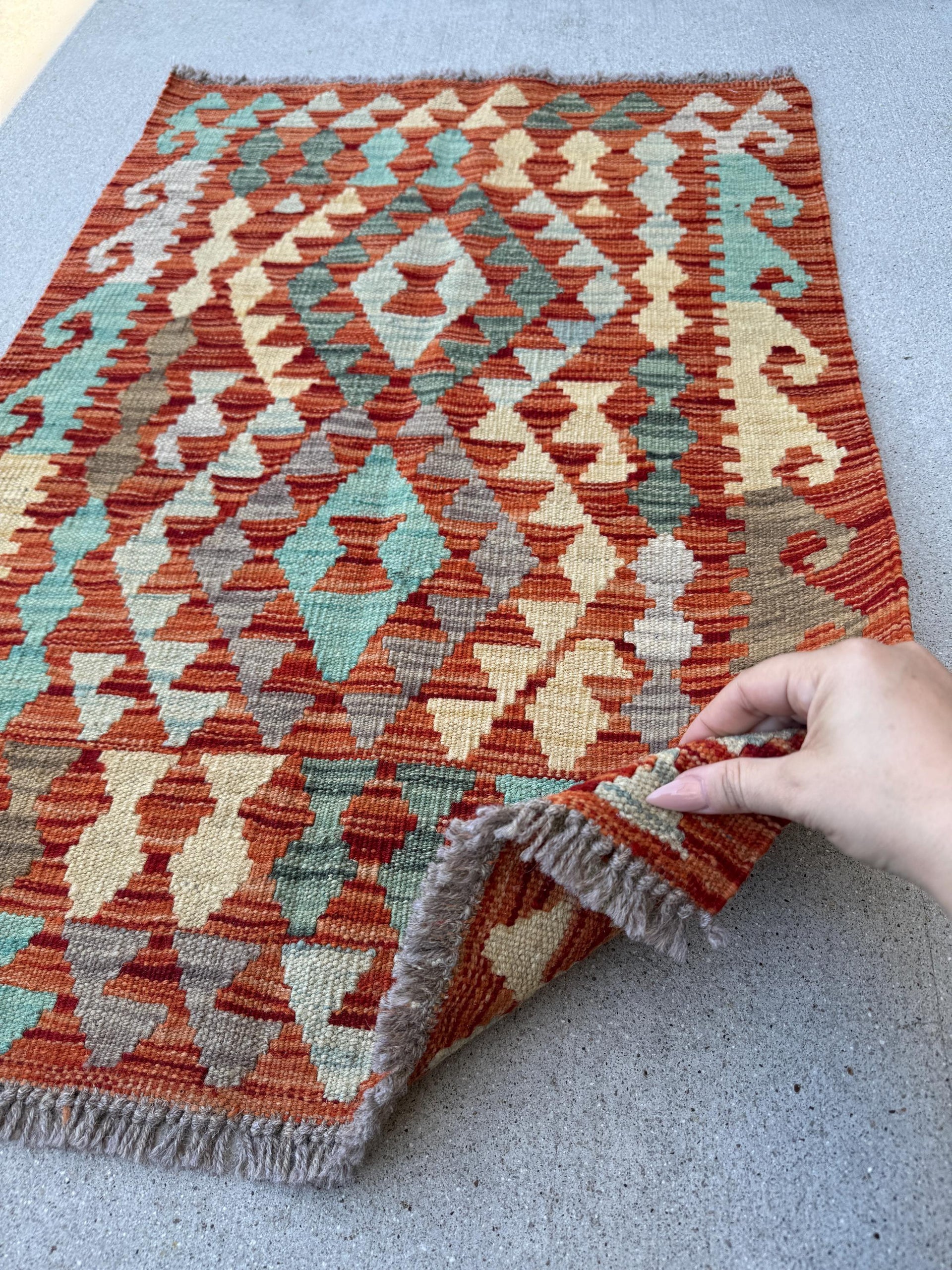 2x3 (61x91) Handmade Afghan Kilim Rug | Burnt Rust Peach Orange Saffron Light Yellow Aqua Teal Baby Powder Blue Grey Red Forest Green | Wool