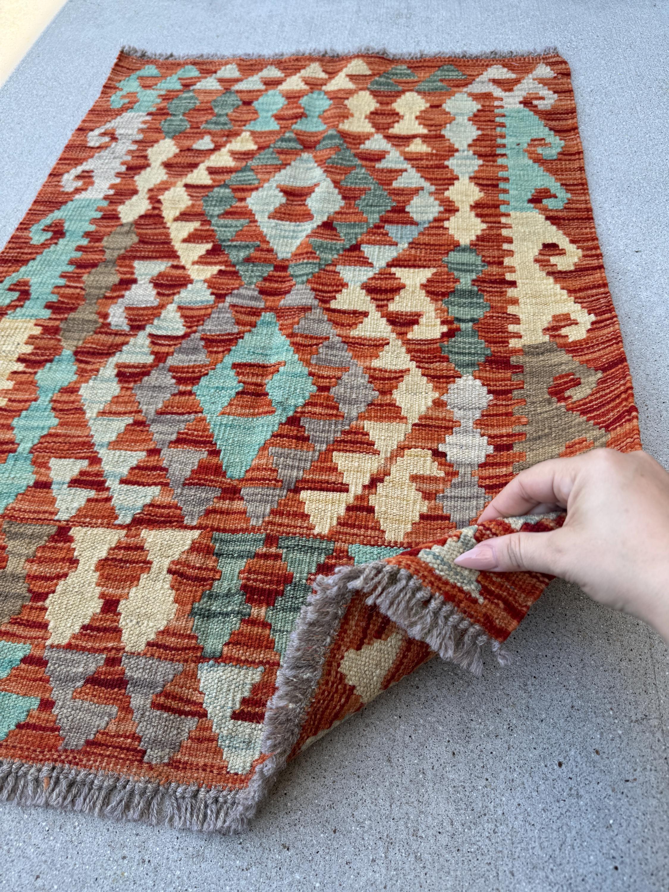 2x3 (61x91) Handmade Afghan Kilim Rug | Burnt Rust Peach Orange Saffron Light Yellow Aqua Teal Baby Powder Blue Grey Red Forest Green | Wool