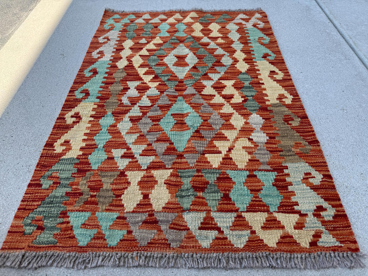 2x3 (61x91) Handmade Afghan Kilim Rug | Burnt Rust Peach Orange Saffron Light Yellow Aqua Teal Baby Powder Blue Grey Red Forest Green | Wool