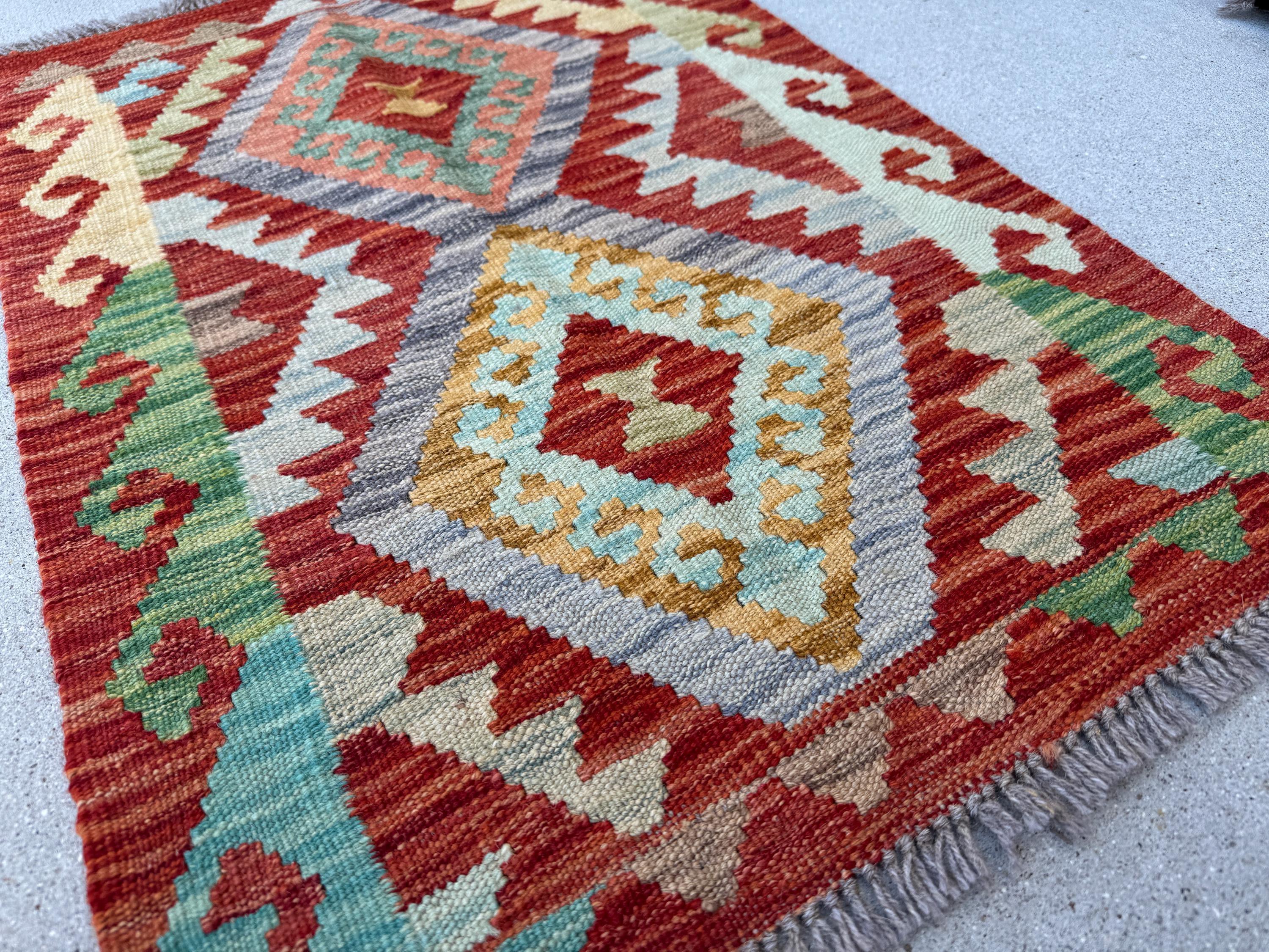 2x3 Handmade Afghan Kilim Rug | Blood Crimson Red Aqua Powder Baby Blue Grey Saffron Yellow Gold Cream Taupe Chocolate Brown Forest Green