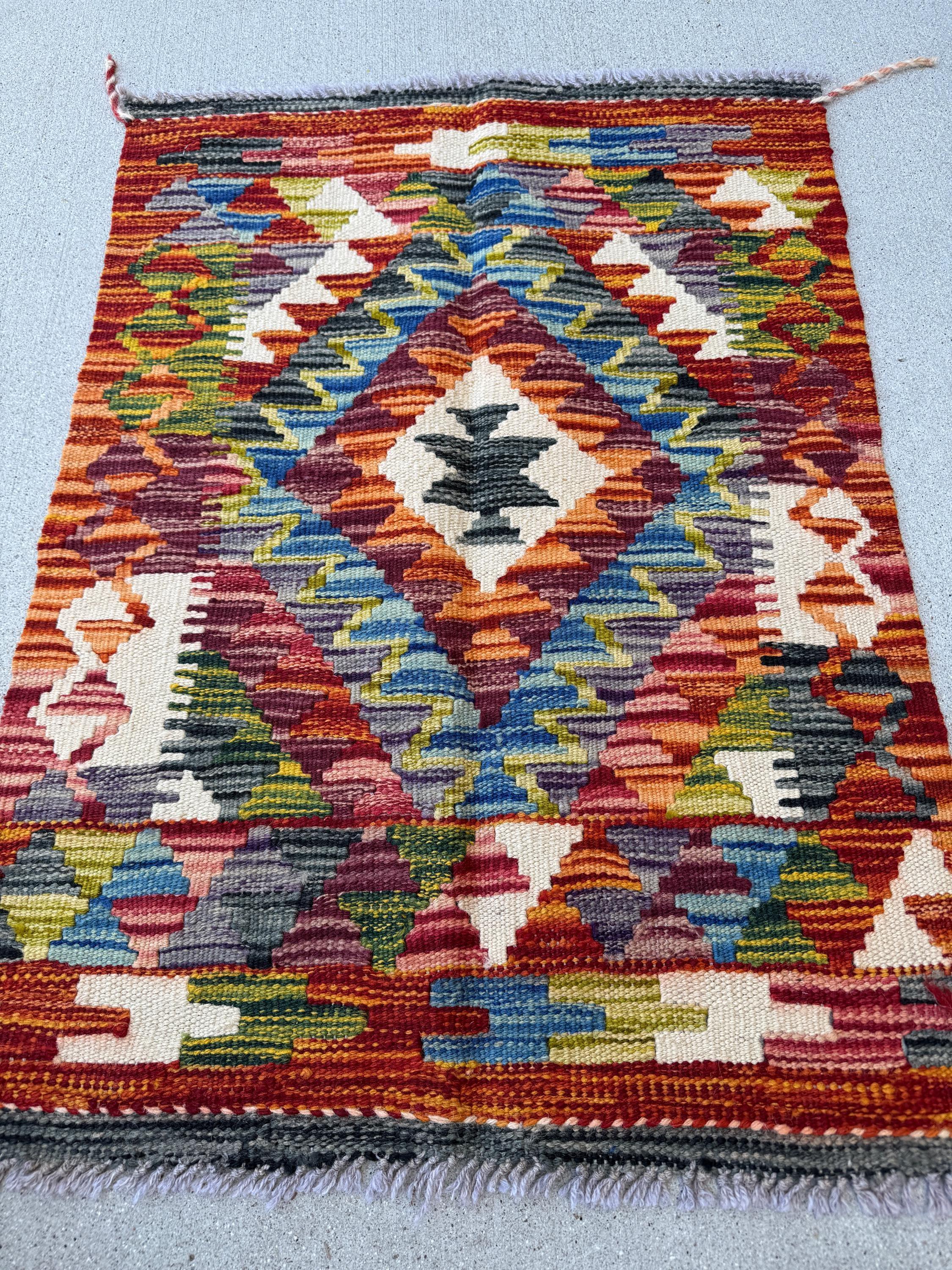 2x3 Handmade Afghan Kilim Rug | Burnt Rust Orange Brick Maroon Red Purple Denim Blue White Cream Grey Black Olive Forest Green | Wool