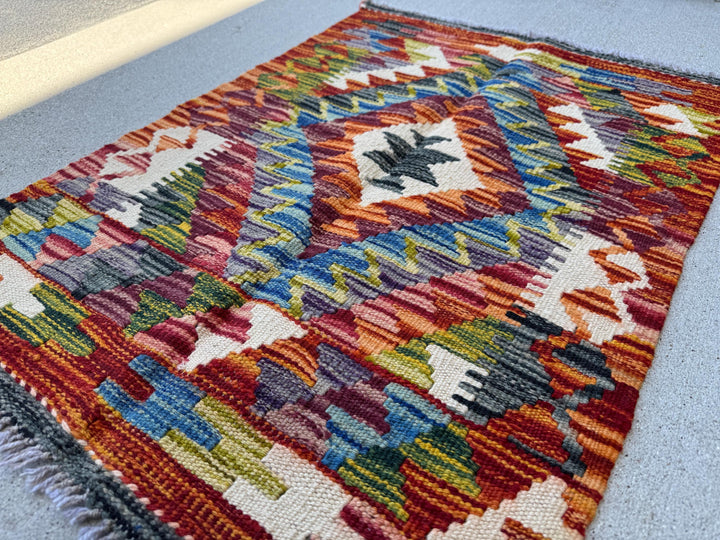 2x3 Handmade Afghan Kilim Rug | Burnt Rust Orange Brick Maroon Red Purple Denim Blue White Cream Grey Black Olive Forest Green | Wool