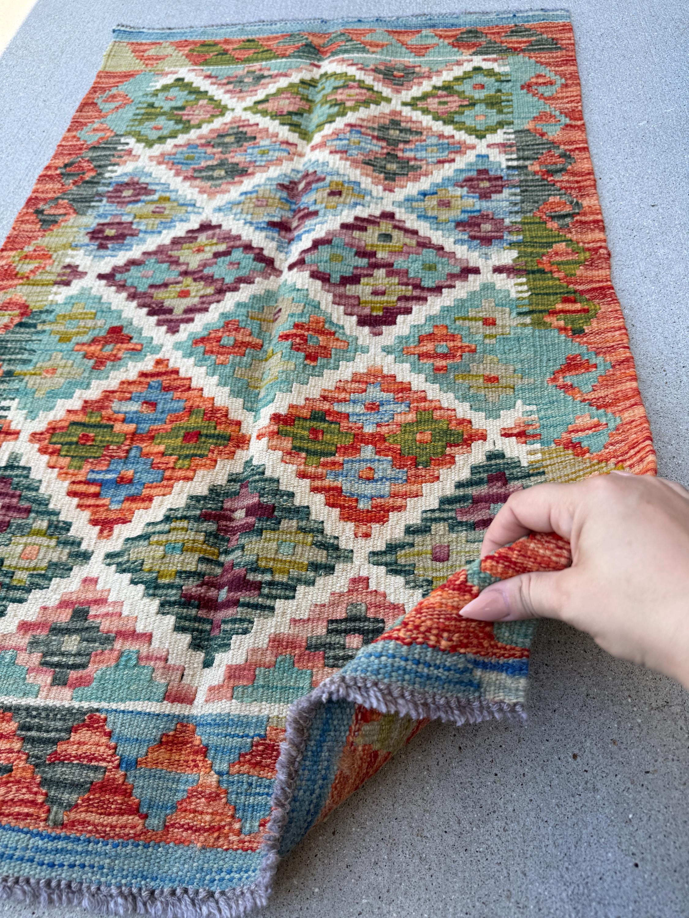 2x3 Handmade Afghan Kilim Rug | Cream White Aqua Teal Burnt Orange Olive Moss Forest Green Maroon Purple Red Denim Blue | Wool Flatwoven