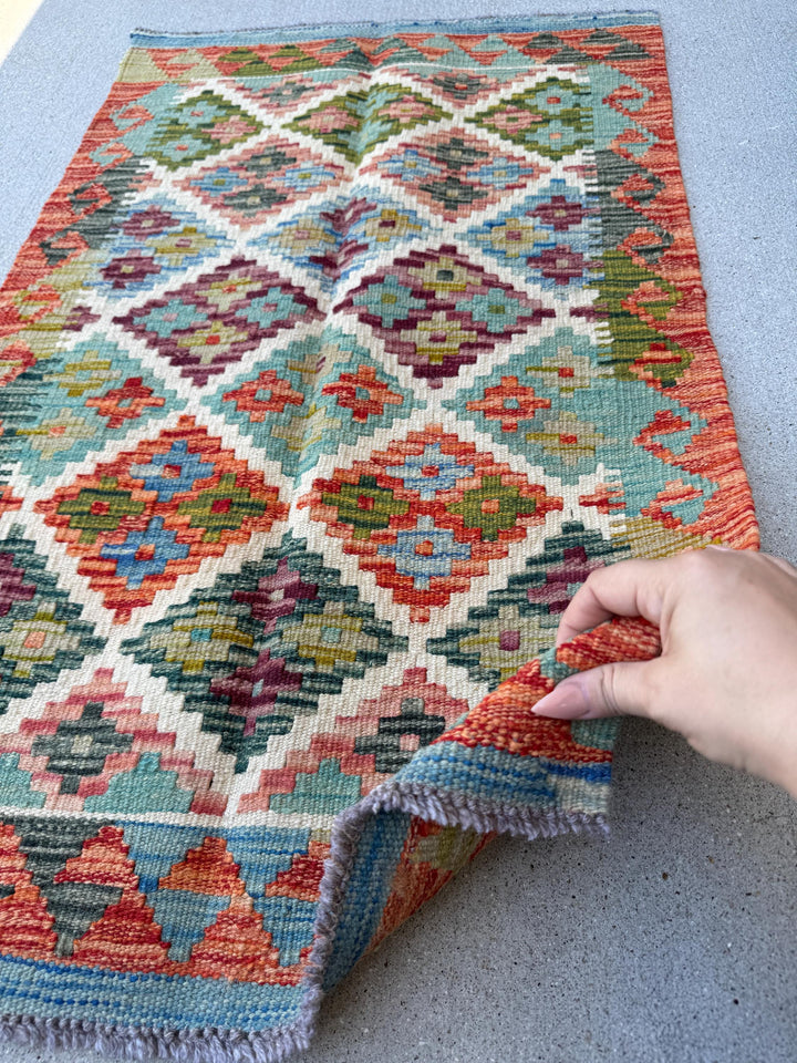 2x3 Handmade Afghan Kilim Rug | Cream White Aqua Teal Burnt Orange Olive Moss Forest Green Maroon Purple Red Denim Blue | Wool Flatwoven