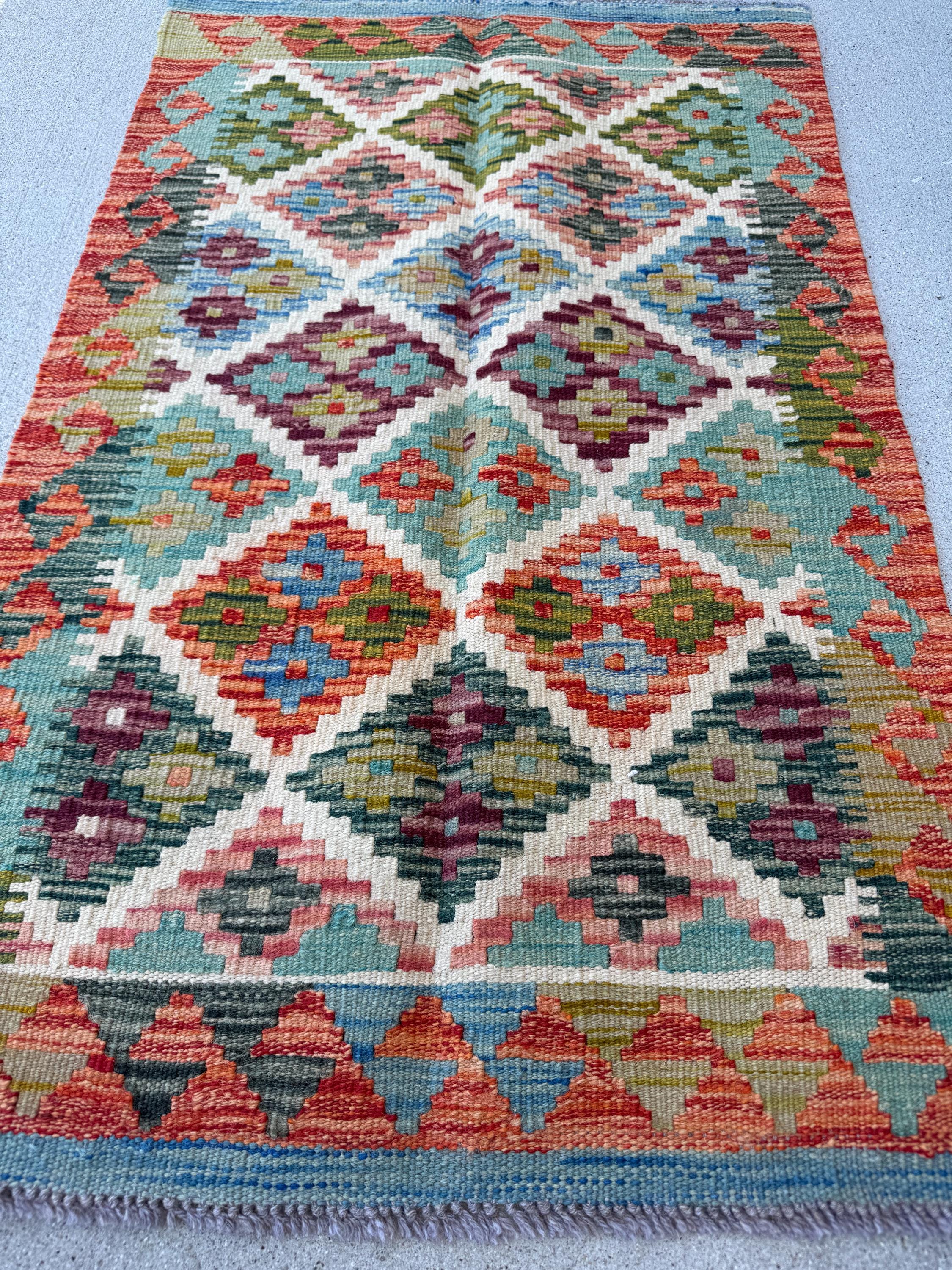 2x3 Handmade Afghan Kilim Rug | Cream White Aqua Teal Burnt Orange Olive Moss Forest Green Maroon Purple Red Denim Blue | Wool Flatwoven