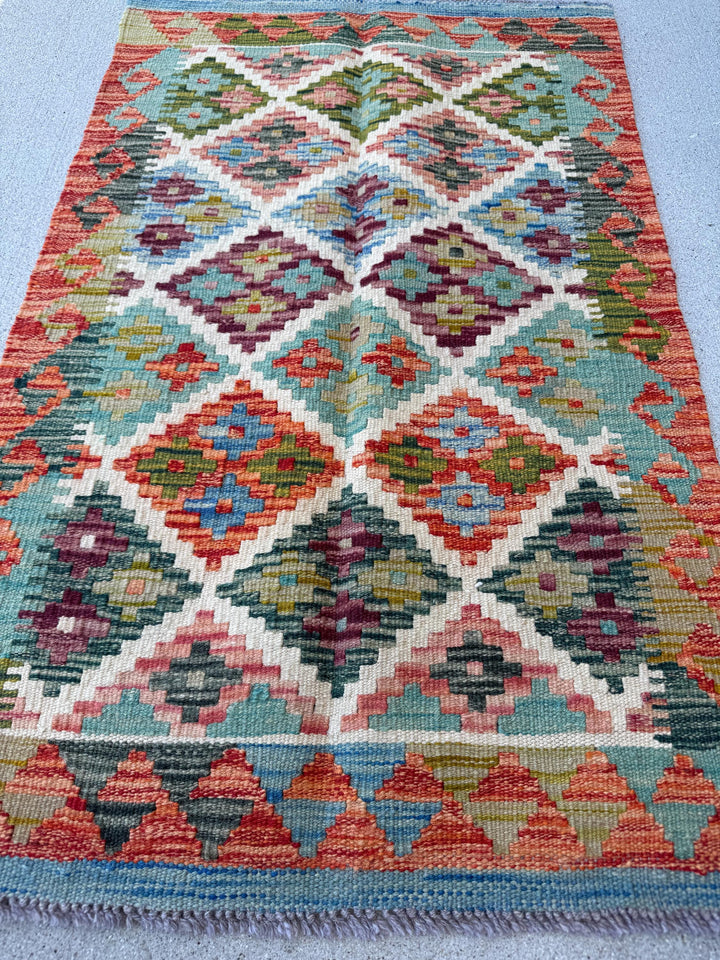 2x3 Handmade Afghan Kilim Rug | Cream White Aqua Teal Burnt Orange Olive Moss Forest Green Maroon Purple Red Denim Blue | Wool Flatwoven