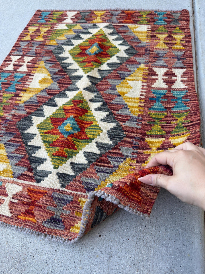 2x3 Handmade Afghan Kilim Rug | Cream White Olive Moss Green Charcoal Light Grey Mustard Yellow Gold Aqua Teal Blue | Wool Flatwoven