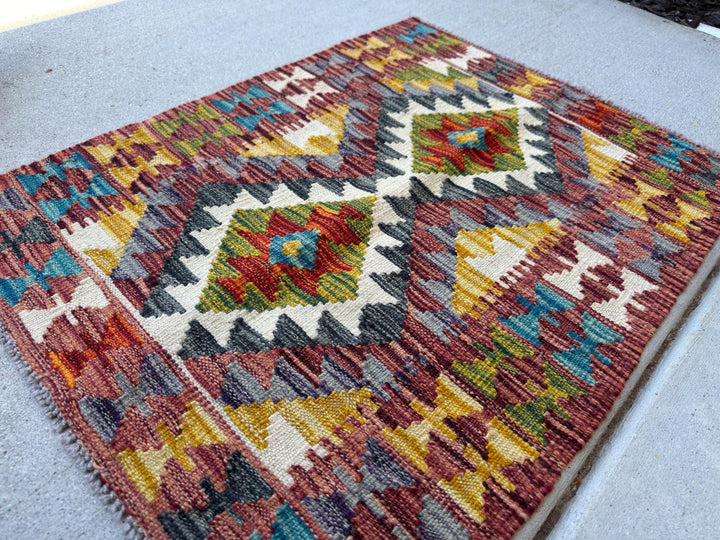 2x3 Handmade Afghan Kilim Rug | Cream White Olive Moss Green Charcoal Light Grey Mustard Yellow Gold Aqua Teal Blue | Wool Flatwoven