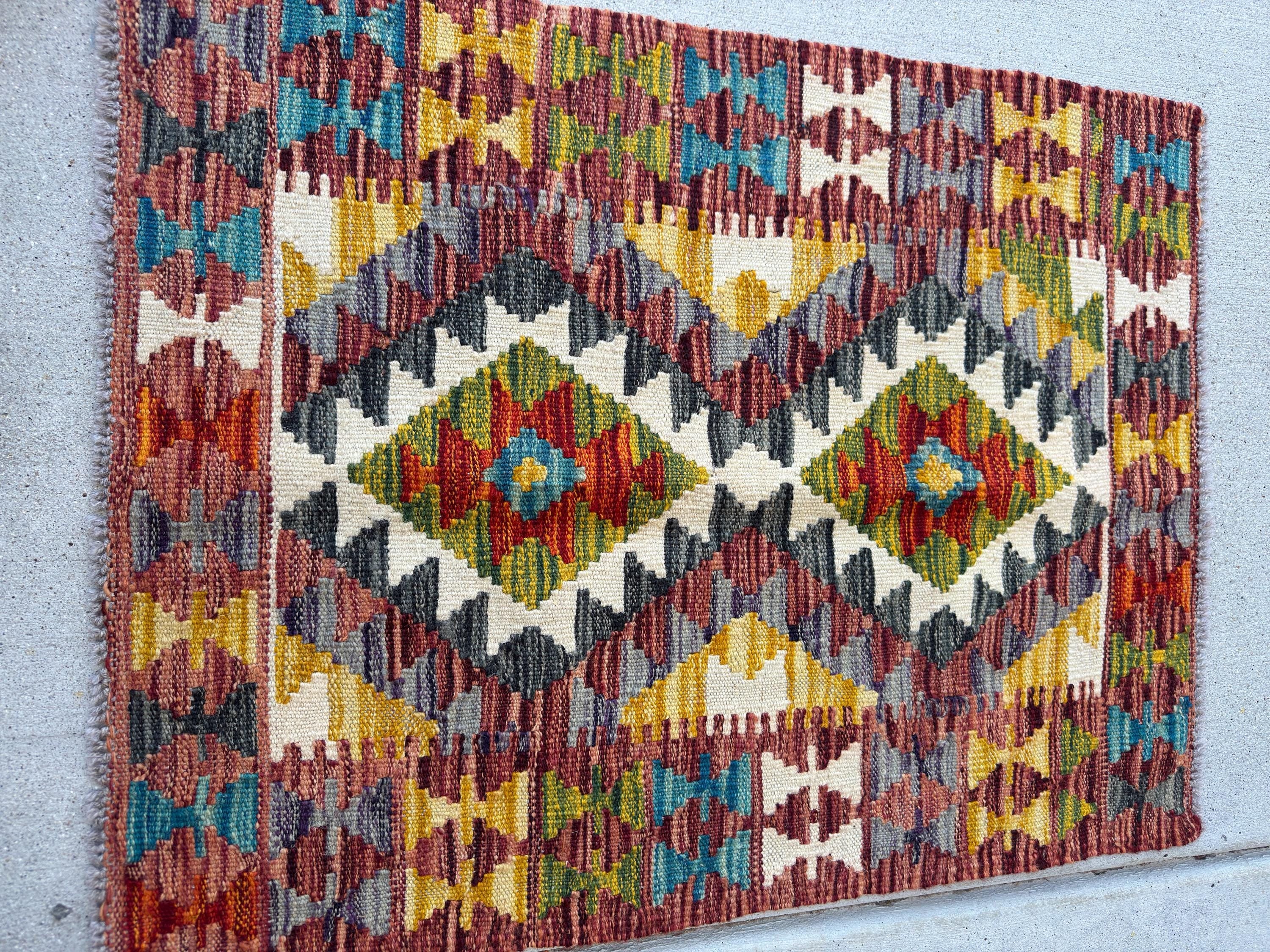 2x3 Handmade Afghan Kilim Rug | Cream White Olive Moss Green Charcoal Light Grey Mustard Yellow Gold Aqua Teal Blue | Wool Flatwoven