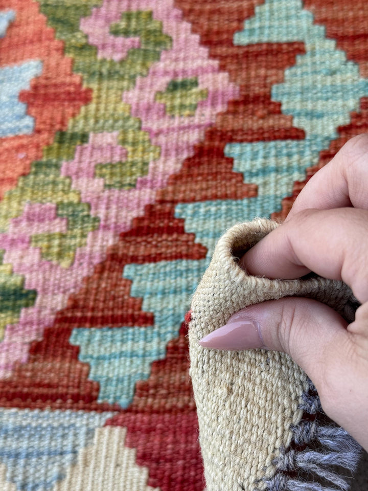 2x3 Handmade Afghan Kilim Rug | Rust Red Denim Blue Rose Pink Salmon Grey Aqua Teal Mustard Yellow Tan | Wool Flatwoven