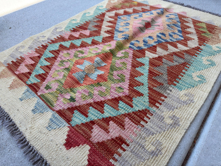 2x3 Handmade Afghan Kilim Rug | Rust Red Denim Blue Rose Pink Salmon Grey Aqua Teal Mustard Yellow Tan | Wool Flatwoven