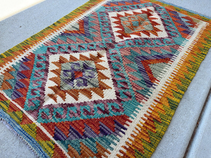 2x3 Handmade Afghan Kilim Rug | Teal Aqua Burnt Orange Cream White Beige Maroon Purpleeee Olive Moss Green Rust Red Blue | Wool Flatwoven