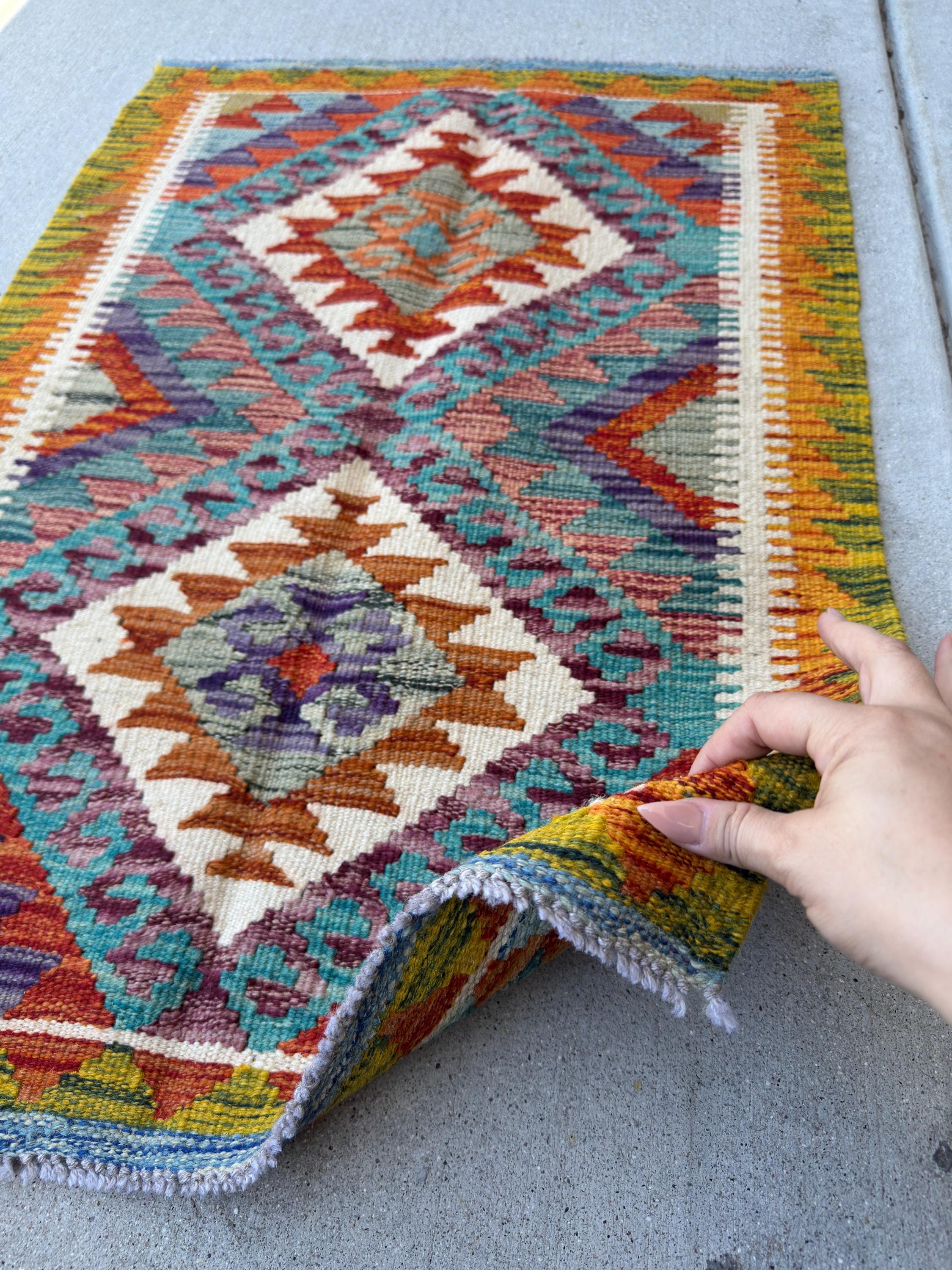 2x3 Handmade Afghan Kilim Rug | Teal Aqua Burnt Orange Cream White Beige Maroon Purpleeee Olive Moss Green Rust Red Blue | Wool Flatwoven