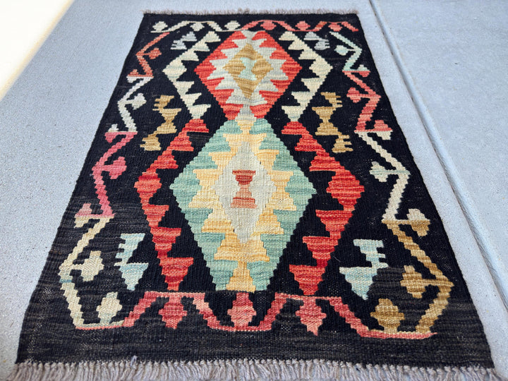 2x3 Handmade Afghan Kilim Rug | Black Aqua Teal Burnt Oragne Sky Blue Mustard Gold Brown Tan Mocha | Wool Flatwoven