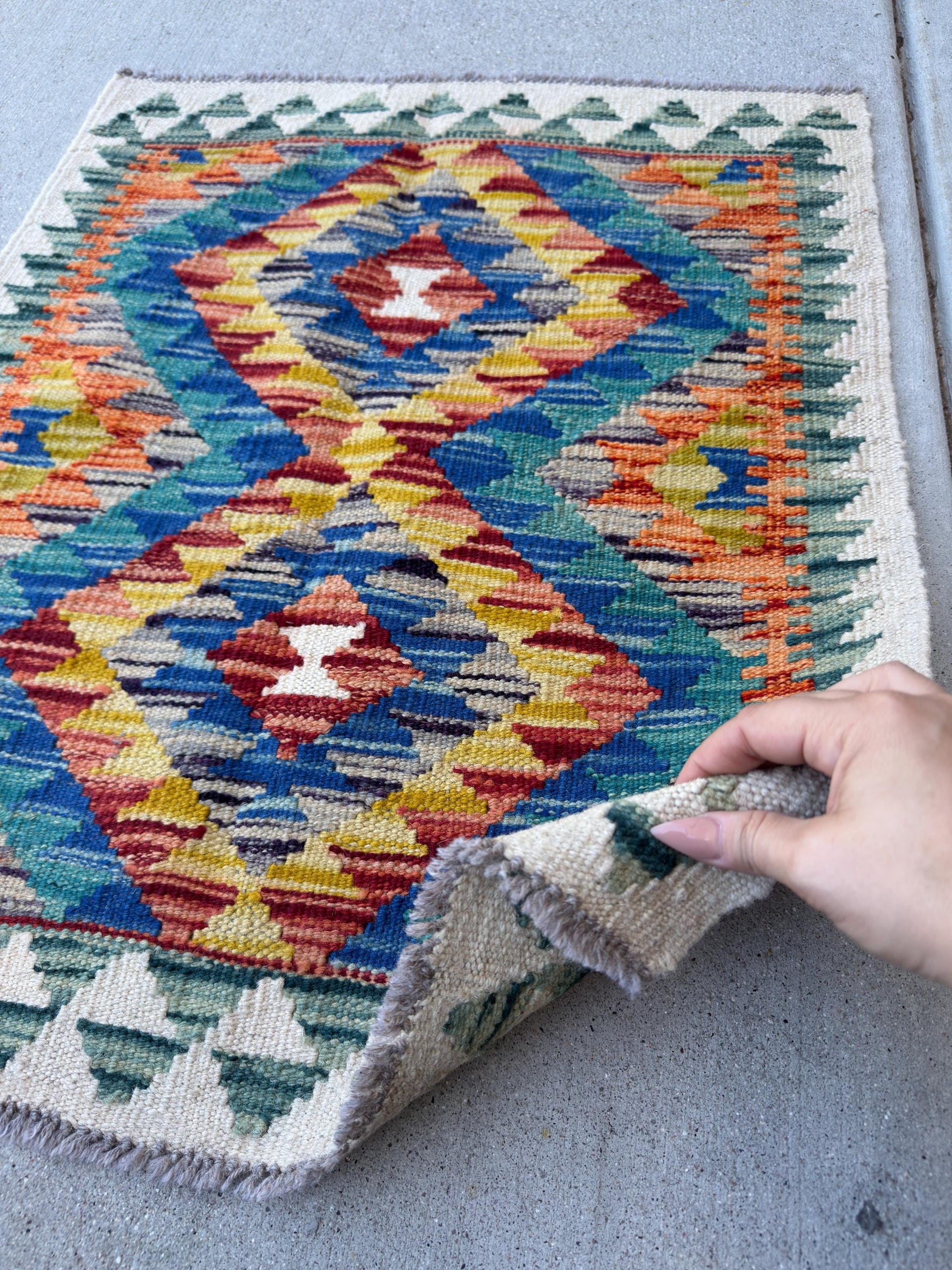 2x3 Handmade Afghan Kilim Rug | Cream White Royal Blue Aqua Teal Mustard Yellow Rust Red Burnt Orange Forest Green Grey | Wool Flatwoven