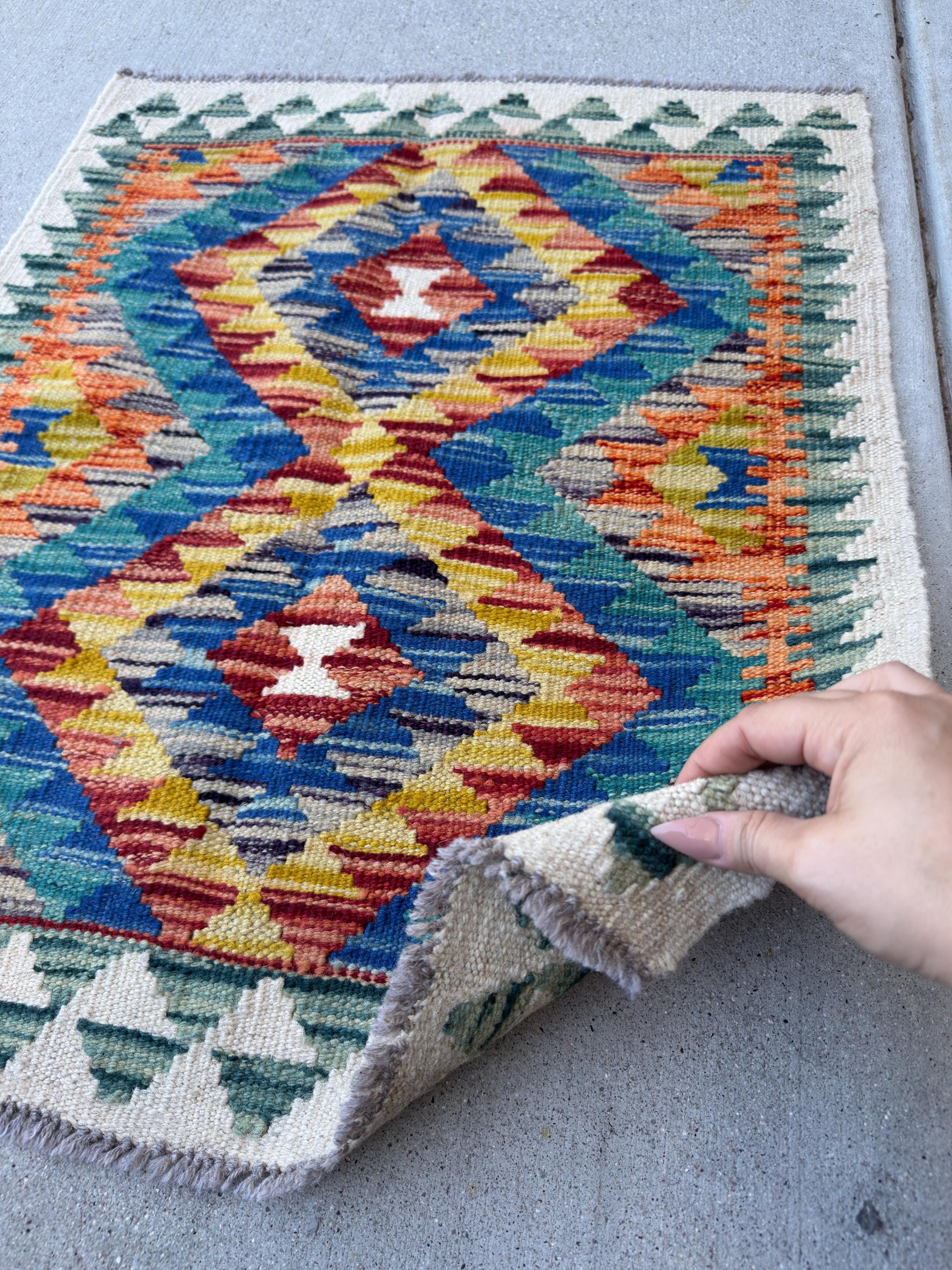2x3 Handmade Afghan Kilim Rug | Cream White Royal Blue Aqua Teal Mustard Yellow Rust Red Burnt Orange Forest Green Grey | Wool Flatwoven