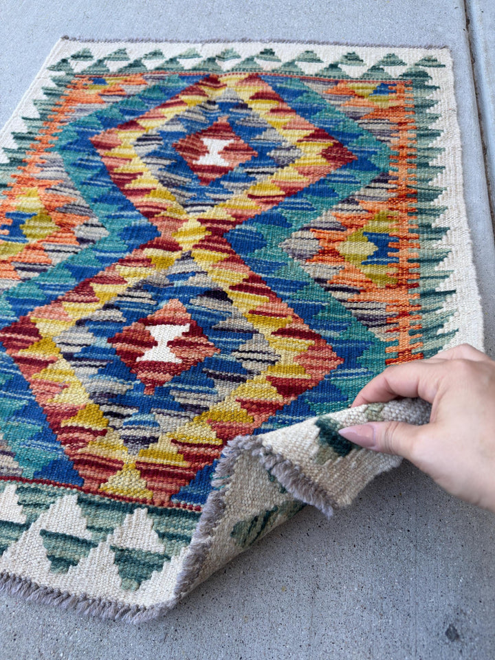 2x3 Handmade Afghan Kilim Rug | Cream White Royal Blue Aqua Teal Mustard Yellow Rust Red Burnt Orange Forest Green Grey | Wool Flatwoven