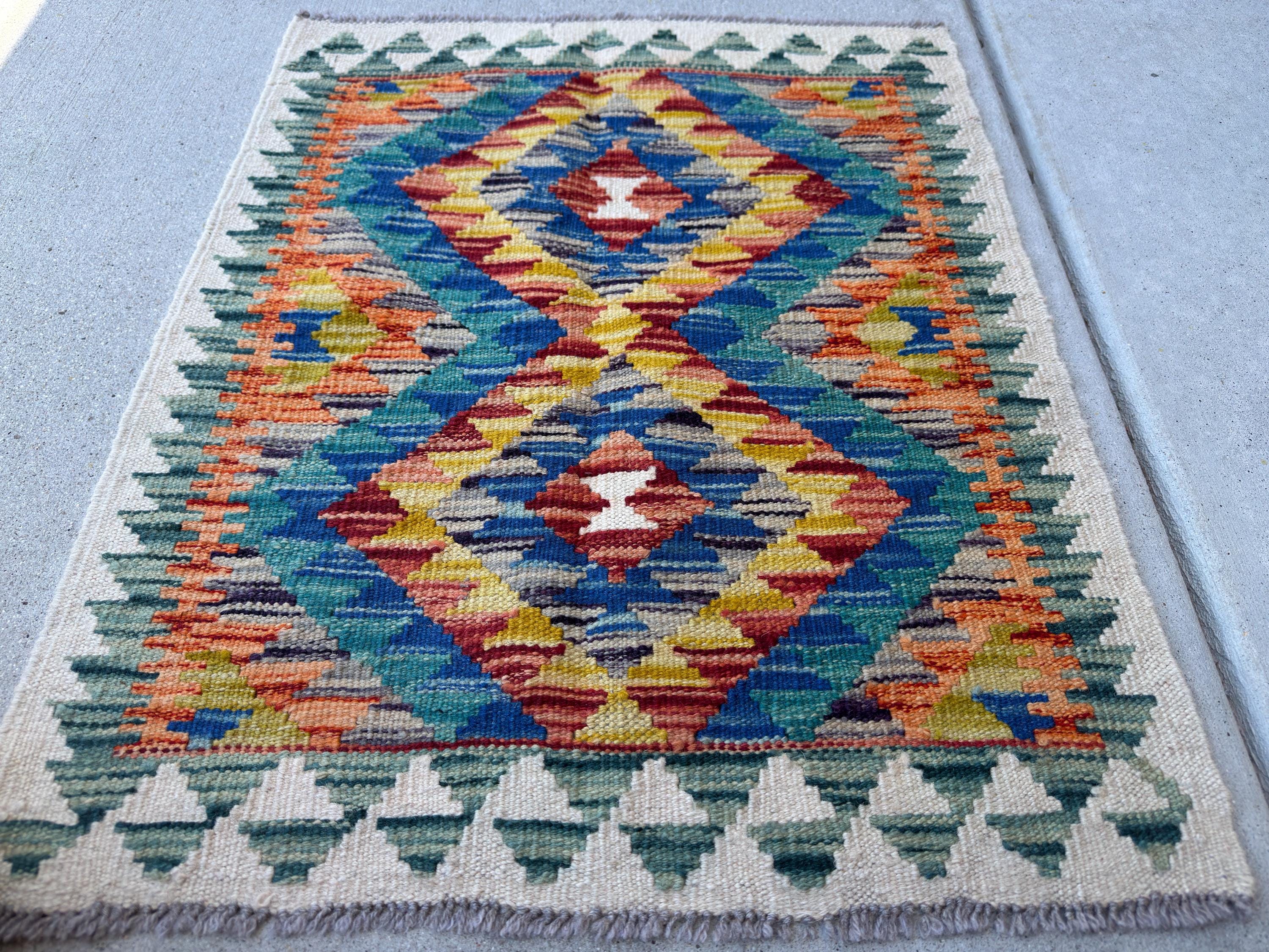 2x3 Handmade Afghan Kilim Rug | Cream White Royal Blue Aqua Teal Mustard Yellow Rust Red Burnt Orange Forest Green Grey | Wool Flatwoven