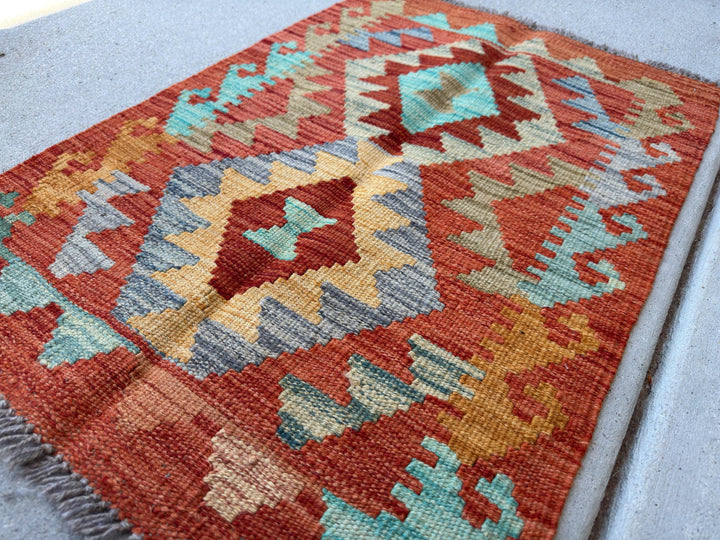 2x3 Handmade Afghan Kilim Rug | Burnt Orange Light Grey Rust Red Olive Moss Green Aqua Teal Tan Mocha Mustard Yellow Gold | Wool Flatwoven