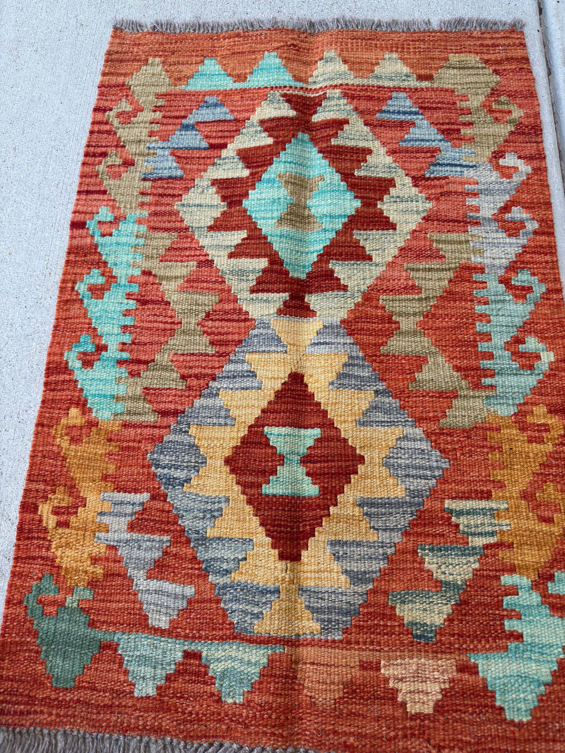 2x3 Handmade Afghan Kilim Rug | Burnt Orange Light Grey Rust Red Olive Moss Green Aqua Teal Tan Mocha Mustard Yellow Gold | Wool Flatwoven