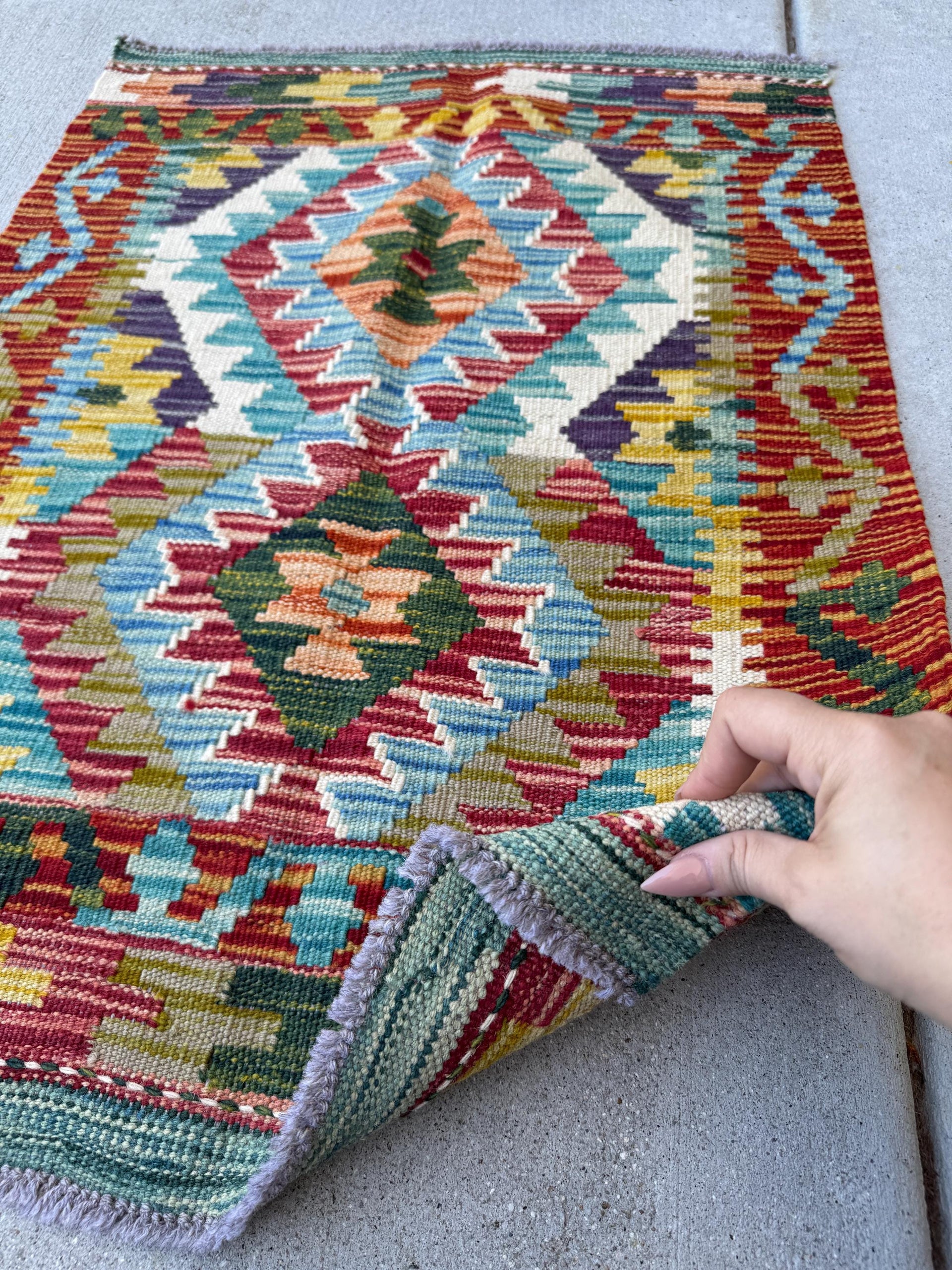 2x3 Handmade Afghan Kilim Rug | Rust Red Aqua Teal Denim Sky Blue Moss Olive Green Orange Mustard Yellow Forest Pine Purple Charcoal White