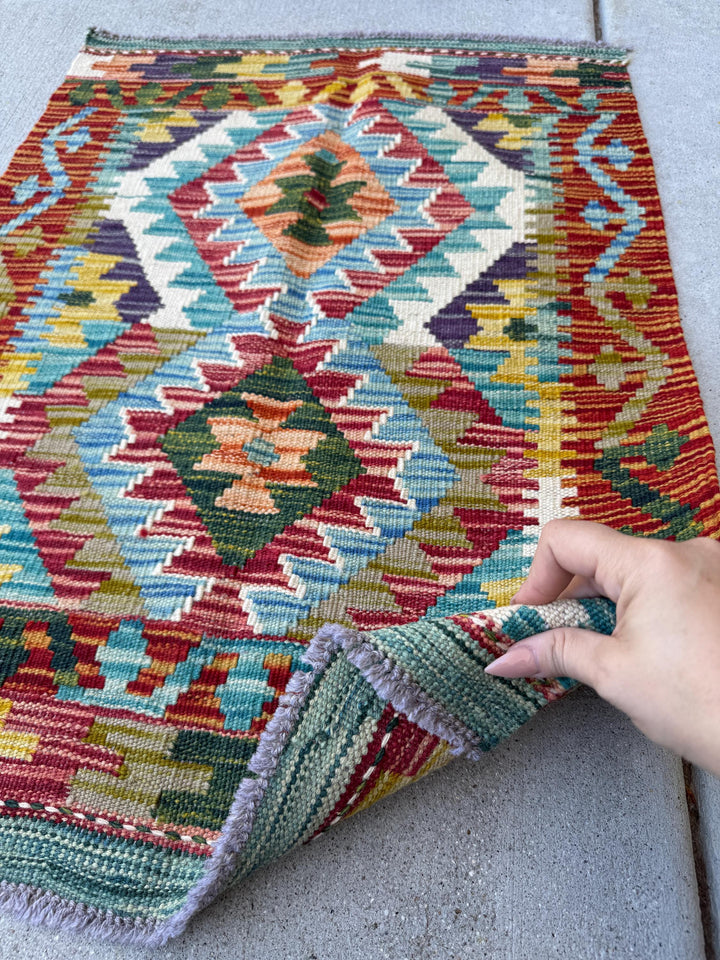 2x3 Handmade Afghan Kilim Rug | Rust Red Aqua Teal Denim Sky Blue Moss Olive Green Orange Mustard Yellow Forest Pine Purple Charcoal White