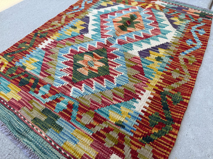 2x3 Handmade Afghan Kilim Rug | Rust Red Aqua Teal Denim Sky Blue Moss Olive Green Orange Mustard Yellow Forest Pine Purple Charcoal White