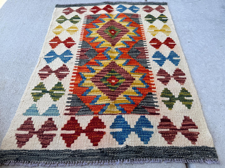2x3 Handmade Afghan Kilim Rug | Cream White Charcoal Grey Mustard Yellow Gold Denim Blue Moss Olive Green Burnt Orange Rust Red | Flatwoven