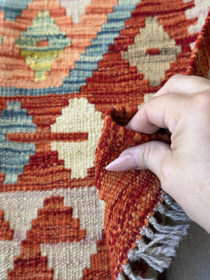 2x3 Handmade Afghan Kilim Rug | Burnt Orange Salmon Tan Charcoal Light Grey Chocolate Brown Cream Beige Teal Olive Green | Wool Flatwoven