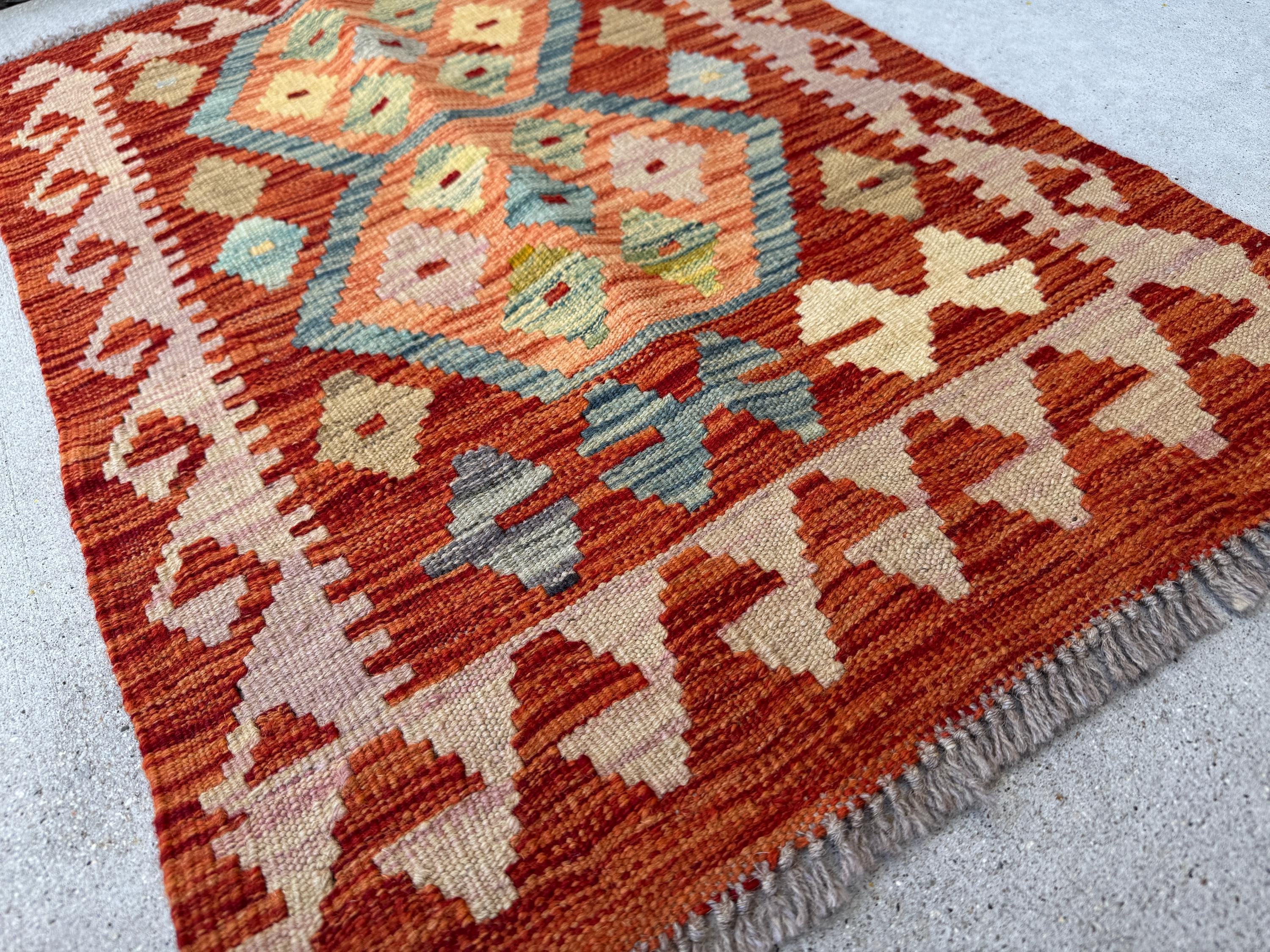 2x3 Handmade Afghan Kilim Rug | Burnt Orange Salmon Tan Charcoal Light Grey Chocolate Brown Cream Beige Teal Olive Green | Wool Flatwoven