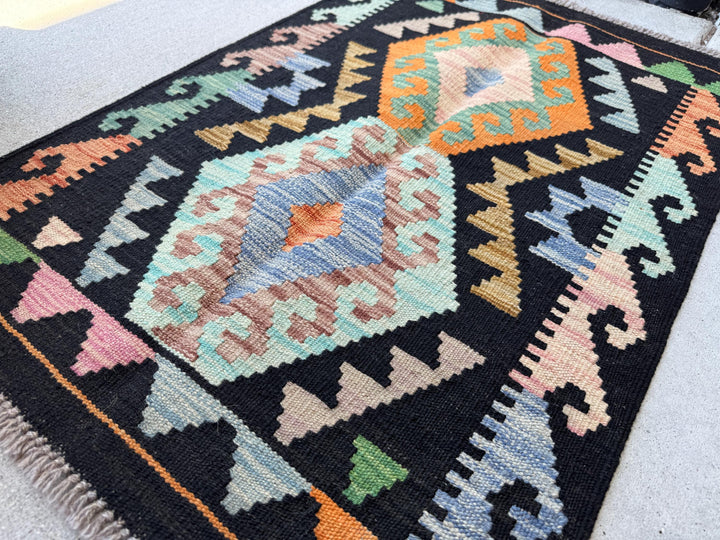 2x3 Handmade Afghan Kilim Rug | Black Orange Aqua Denim Blue Copper Brown Purple Moss Olive Green | Wool Flatwoven