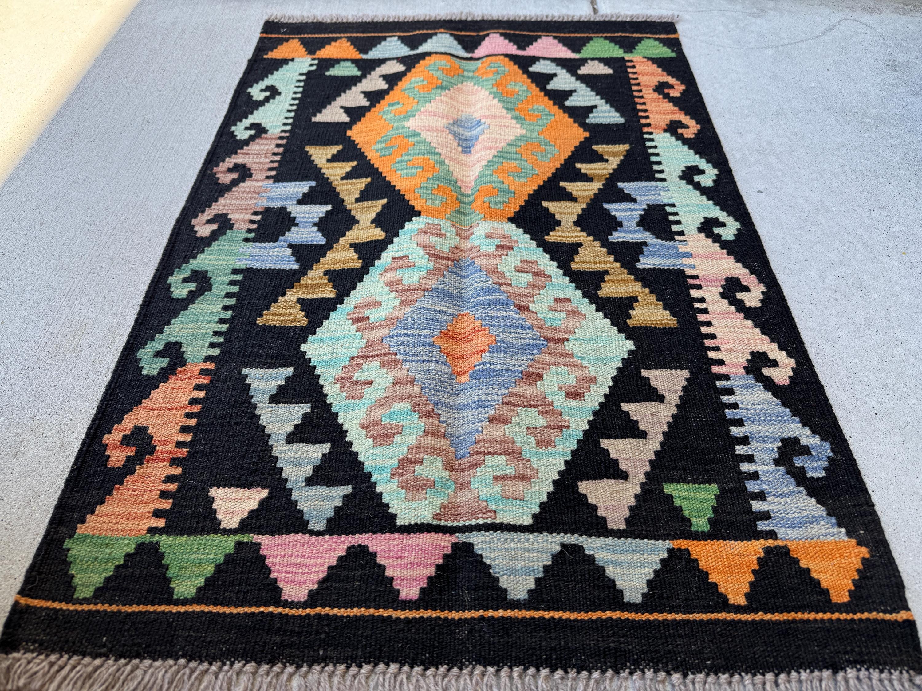 2x3 Handmade Afghan Kilim Rug | Black Orange Aqua Denim Blue Copper Brown Purple Moss Olive Green | Wool Flatwoven