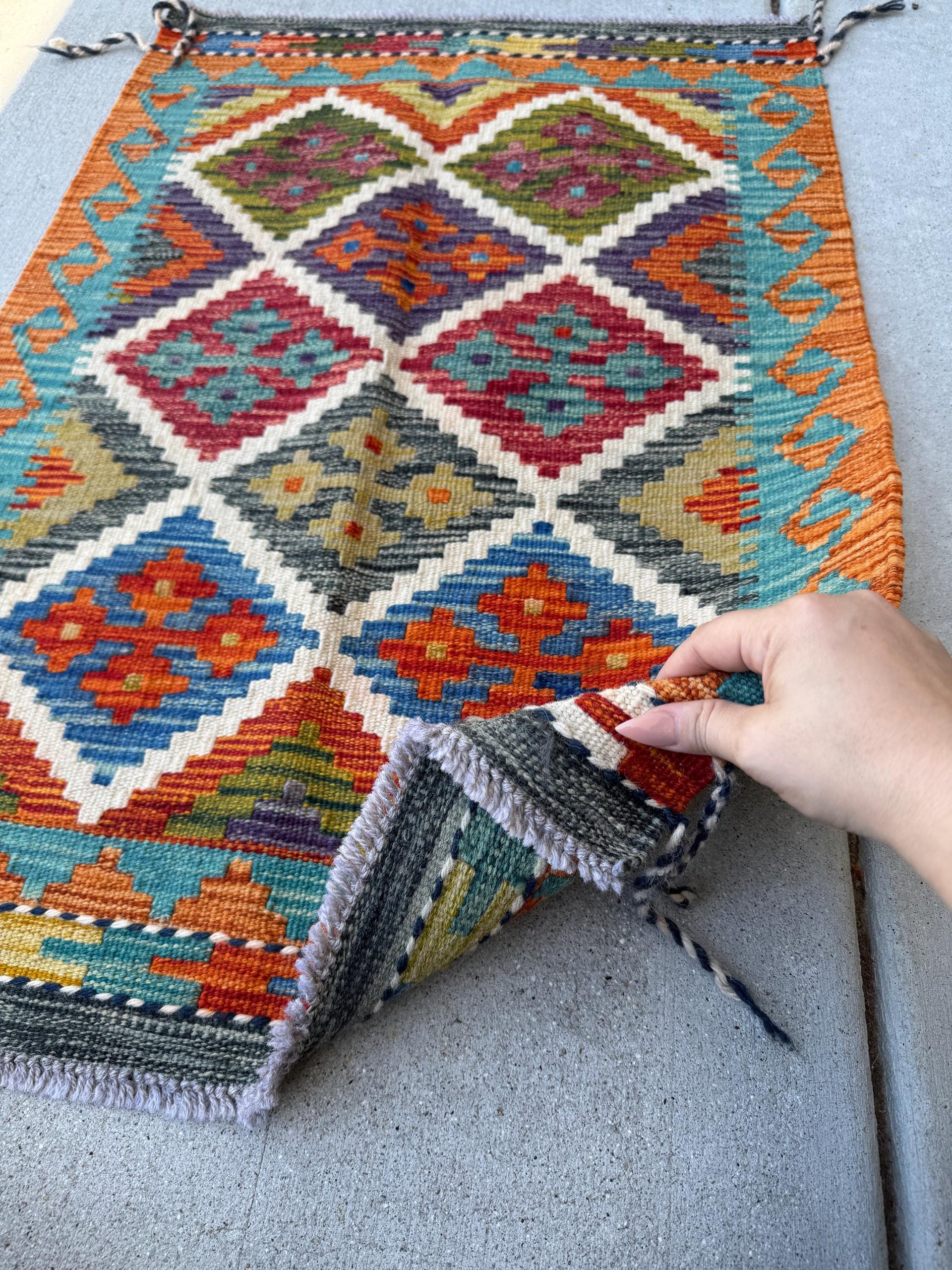 2x3 Handmade Afghan Kilim Rug | Cream White Indigo Aqua Teal Burnt Orange Olive Moss Green Charcoal Grey Mustard Yellow Maroon | Flatwoven