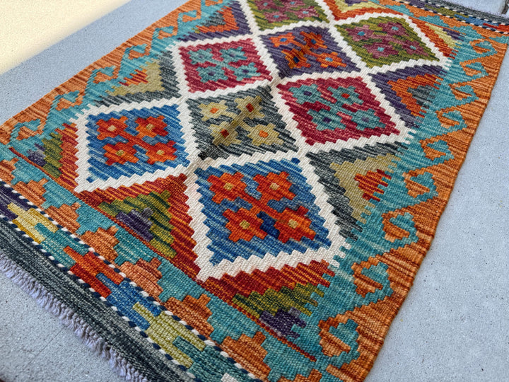 2x3 Handmade Afghan Kilim Rug | Cream White Indigo Aqua Teal Burnt Orange Olive Moss Green Charcoal Grey Mustard Yellow Maroon | Flatwoven