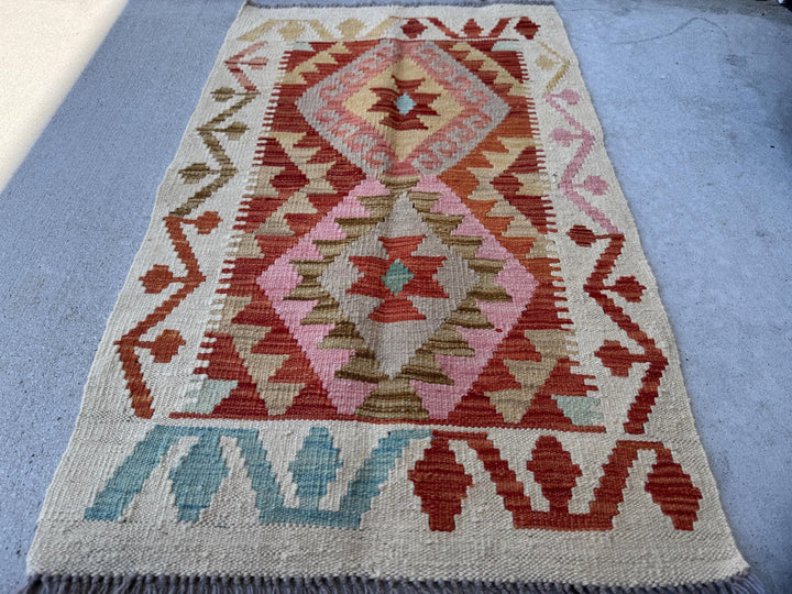 2x4 Handmade Afghan Kilim Rug | Cream Beige White Rust Red Burnt Orange Chocolate Tan Rose Salmon Pink Grey Sky Blue Tea | Wool Flatwoven