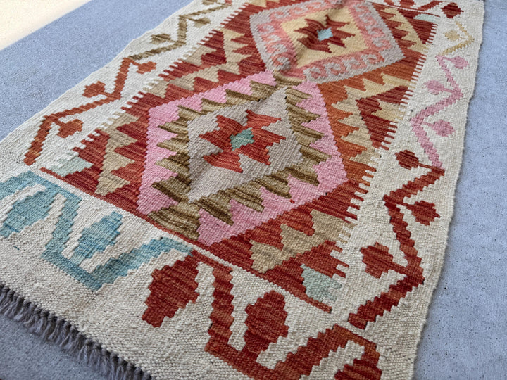 2x4 Handmade Afghan Kilim Rug | Cream Beige White Rust Red Burnt Orange Chocolate Tan Rose Salmon Pink Grey Sky Blue Tea | Wool Flatwoven