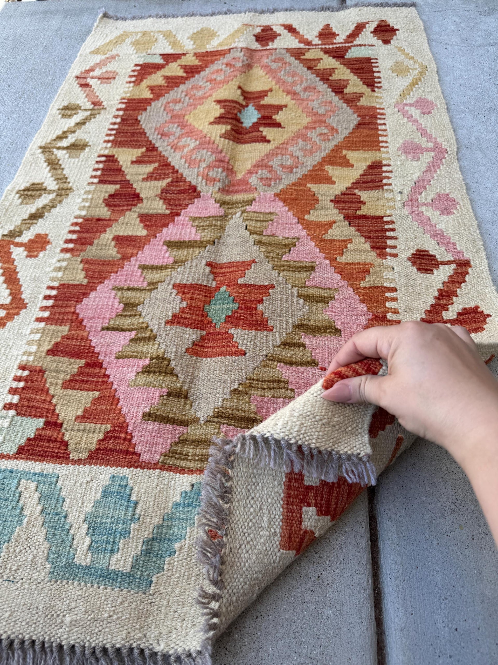 2x4 Handmade Afghan Kilim Rug | Cream Beige White Rust Red Burnt Orange Chocolate Tan Rose Salmon Pink Grey Sky Blue Tea | Wool Flatwoven