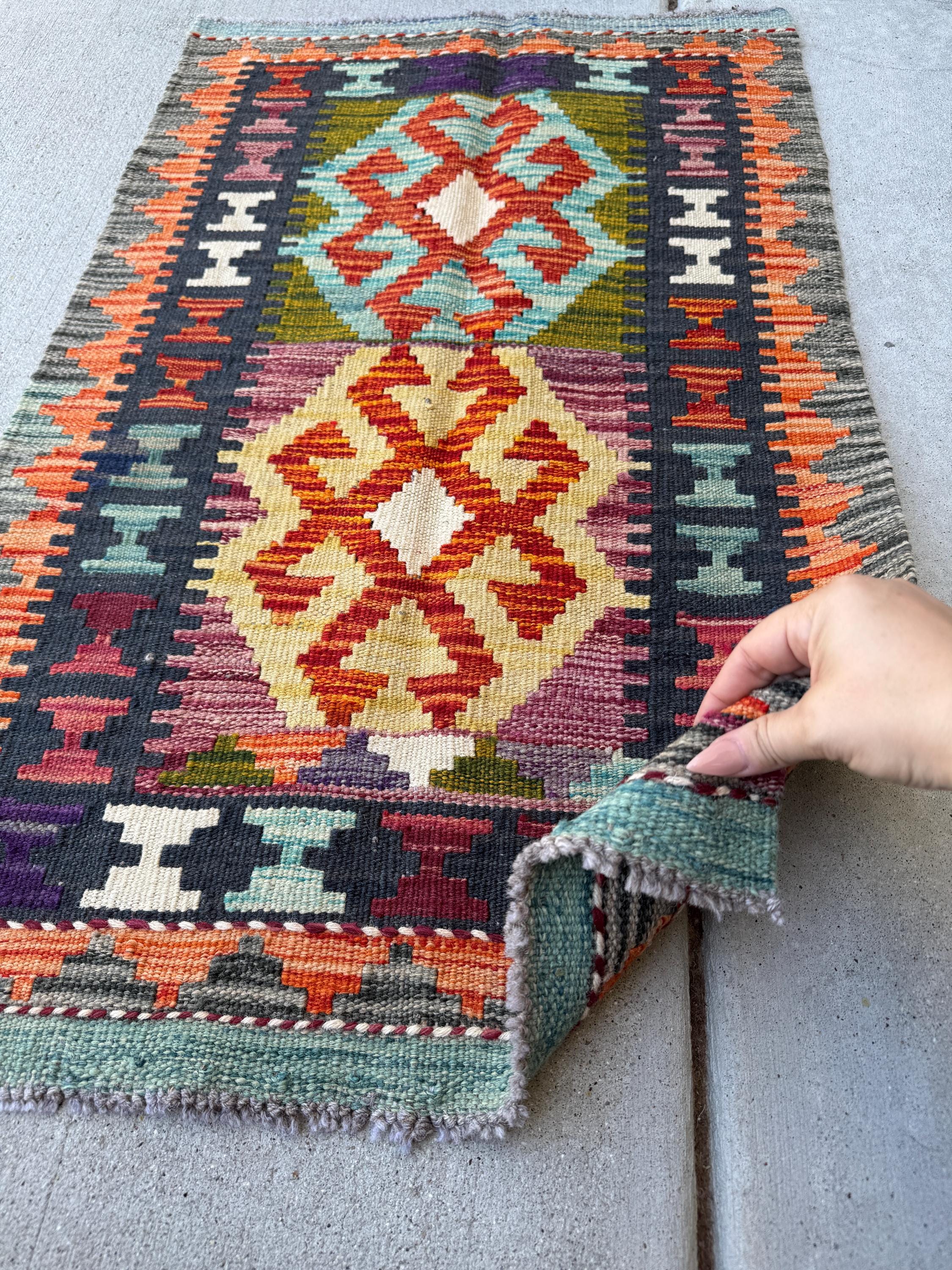 2x3 Handmade Afghan Kilim Rug | Burnt Orange Black Blood Reust Red Mustard Yellow Aqua Teal Charcoal Grey Cream White Olive Moss Green