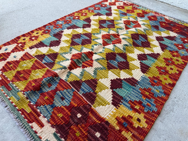 2x3 Handmade Afghan Kilim Rug | Burnt Orange Rust Red Cream White Beige Maroon Aqua Teal Olive Green Mustard Yellow Denim Blue | Flatwoven