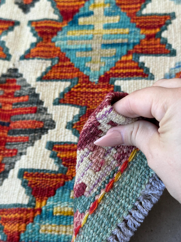 2x3 Handmade Afghan Kilim Rug | Burnt Orange Rust Red Teal Aqua Charcoal Grey Cream White Beige Tan Olive Green Denim Blue | Wool Flatwoven