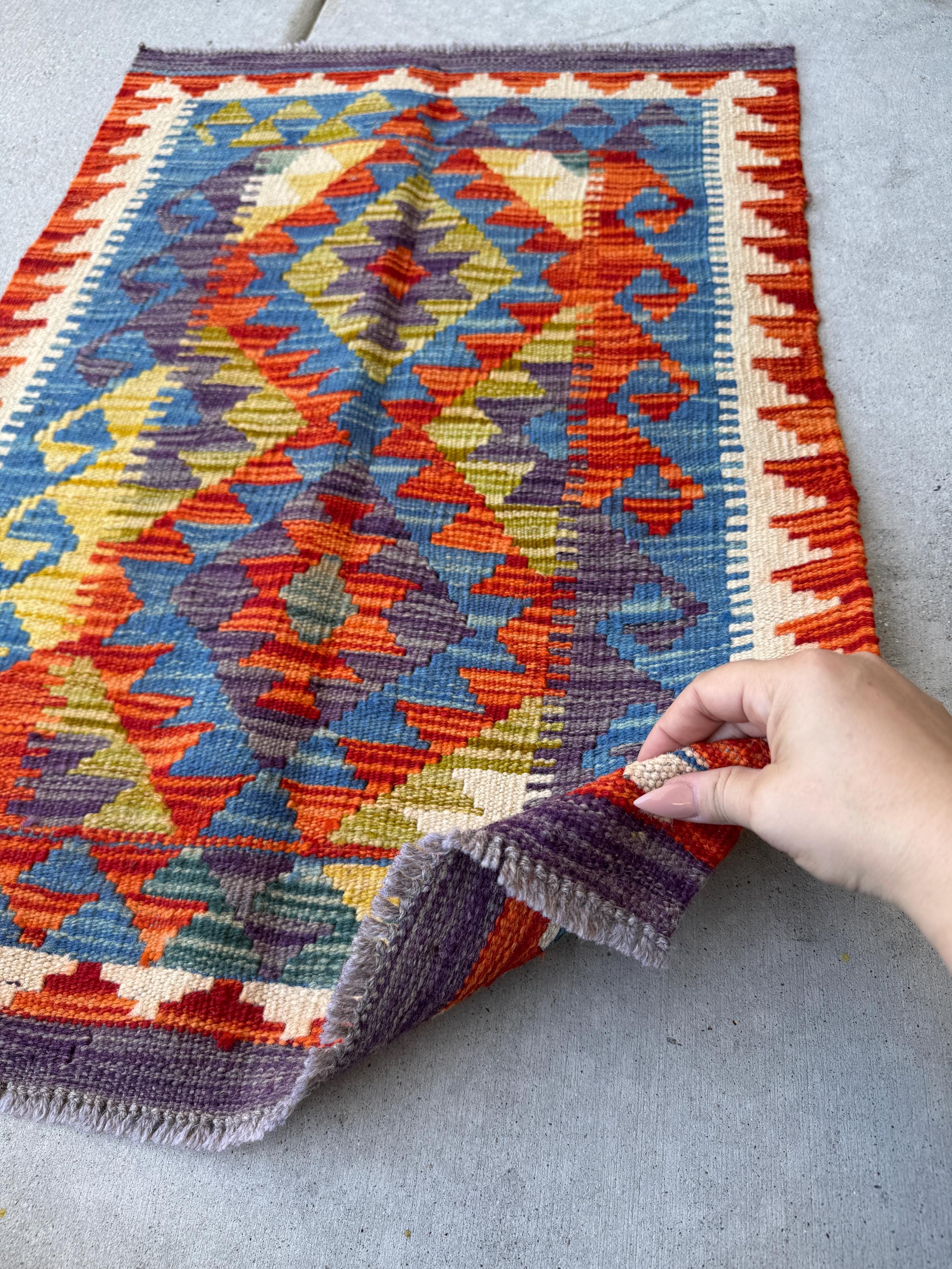2x3 Handmade Afghan Kilim Rug | Denim Blue Olive Moss Green Mustard Yellow Gold Charcoal Grey Burnt Orange Cream White Beige Teal | Wool
