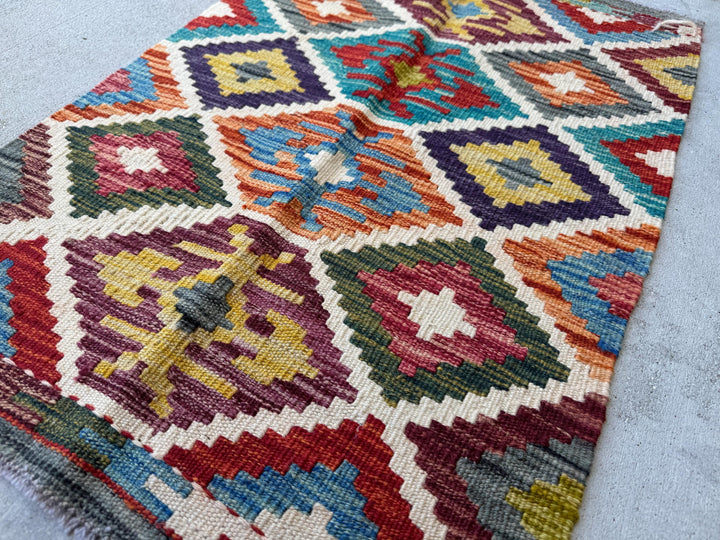2x3 Handmade Afghan Kilim Rug | Cream Beige White Burnt Orange Moss Green Maroon Rust Red Teal Aqua Mustard Yellow Charcoal Grey Denim Blue