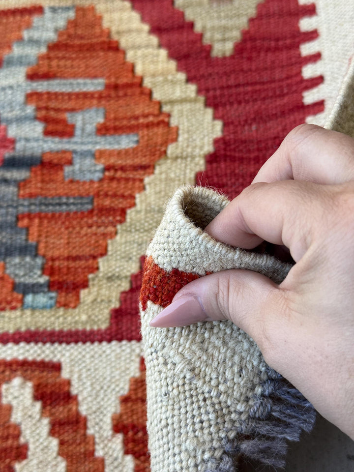 2x3 Handmade Afghan Kilim Rug | Cream White Beige Blood Red Tan Mocha Chocolate Brown Charcoal Light Grey Burnt Orange | Wool Flatwoven
